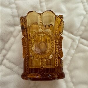 Vintage Amber 2.5” Pressed Glass Toothpick / Match Holder